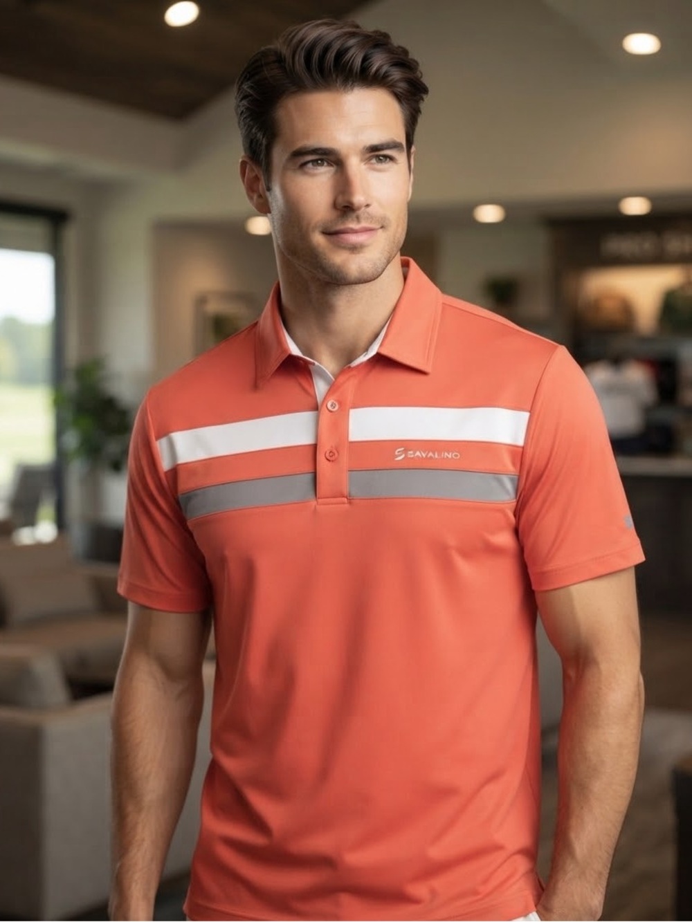 Men's Coral Polo with White and Gray Stripes
